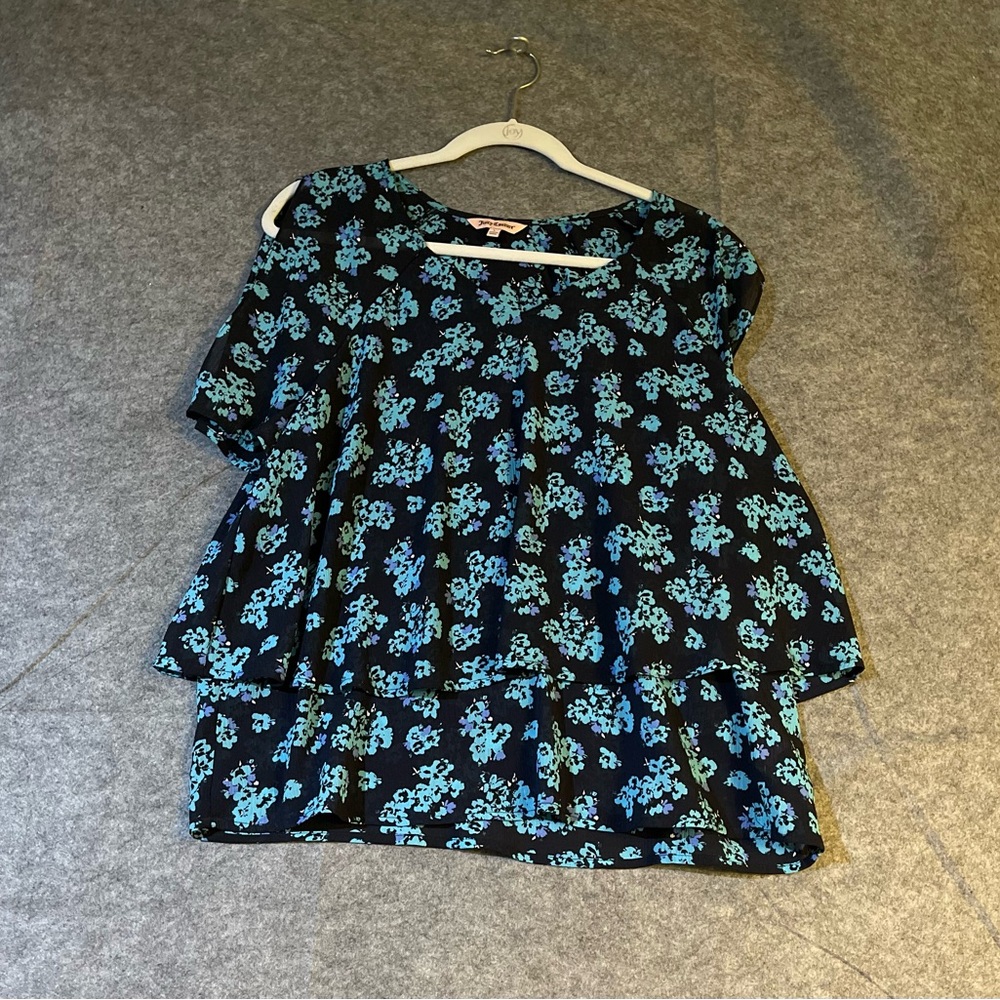 Floral Layered Blouse Women’s Top Blue Black Boho Feminine Flowing‎ Tunic Style